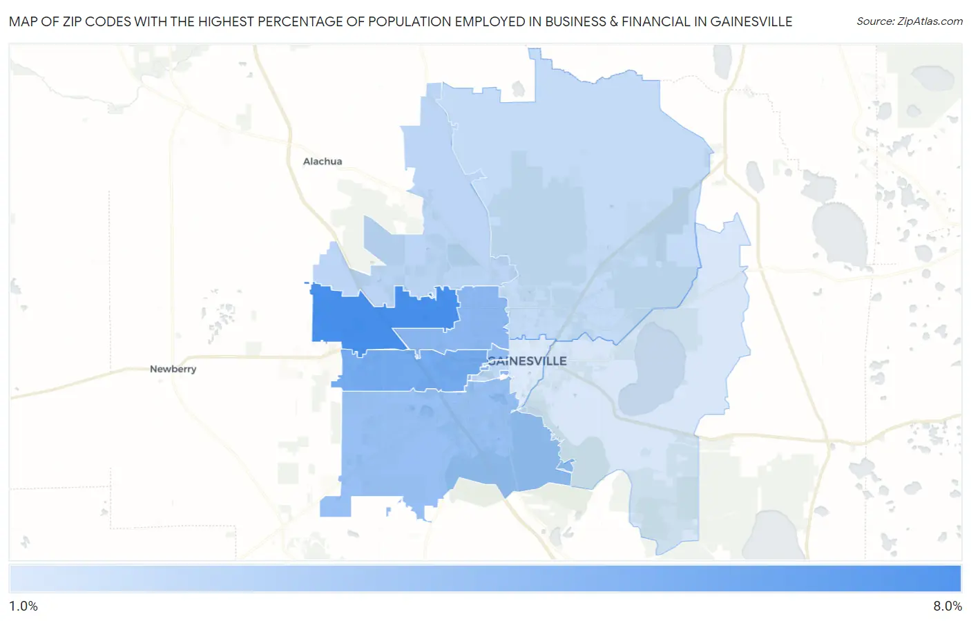 Zip Codes with the Highest Percentage of Population Employed in Business & Financial in Gainesville Map
