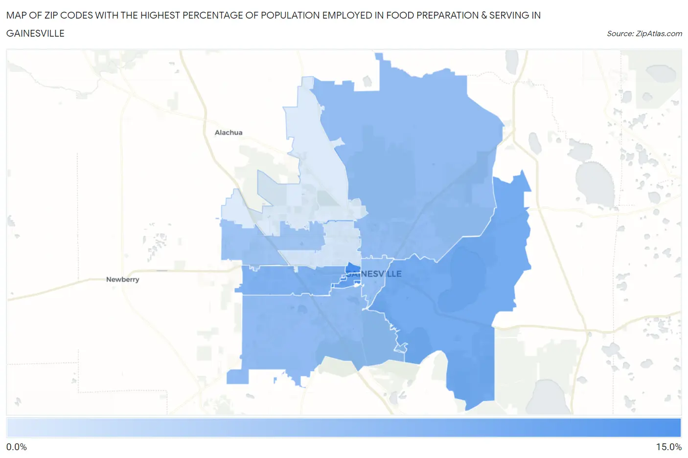 Zip Codes with the Highest Percentage of Population Employed in Food Preparation & Serving in Gainesville Map