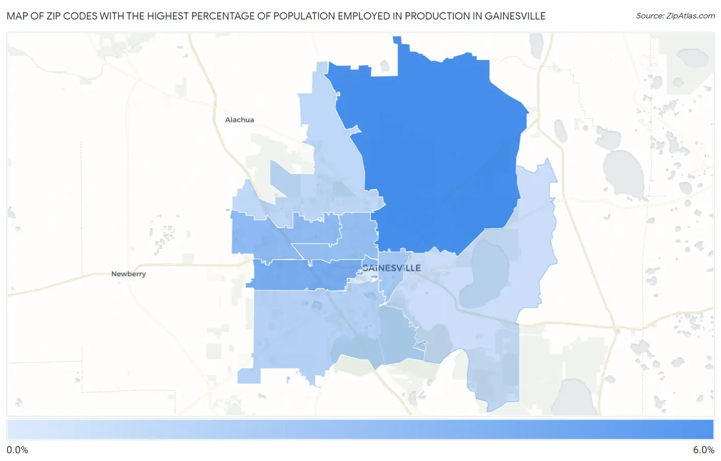 Zip Codes with the Highest Percentage of Population Employed in Production in Gainesville Map