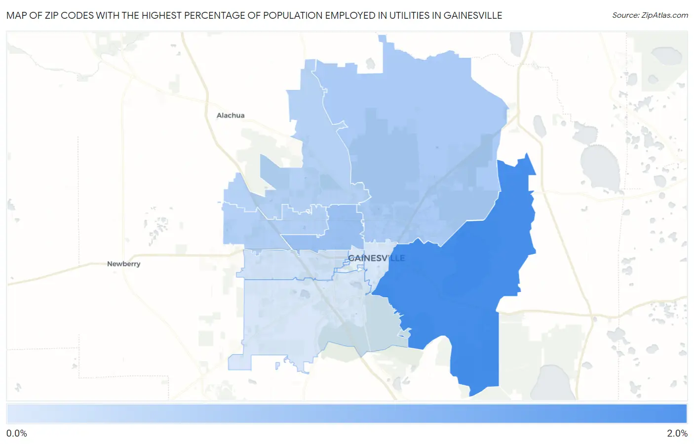 Zip Codes with the Highest Percentage of Population Employed in Utilities in Gainesville Map