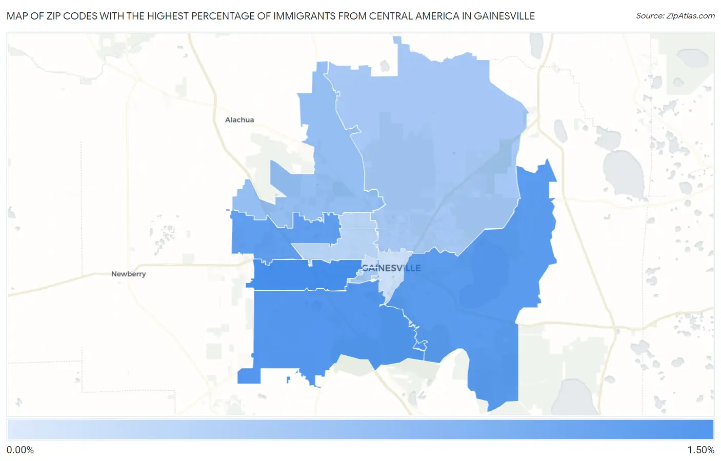 Zip Codes with the Highest Percentage of Immigrants from Central America in Gainesville Map