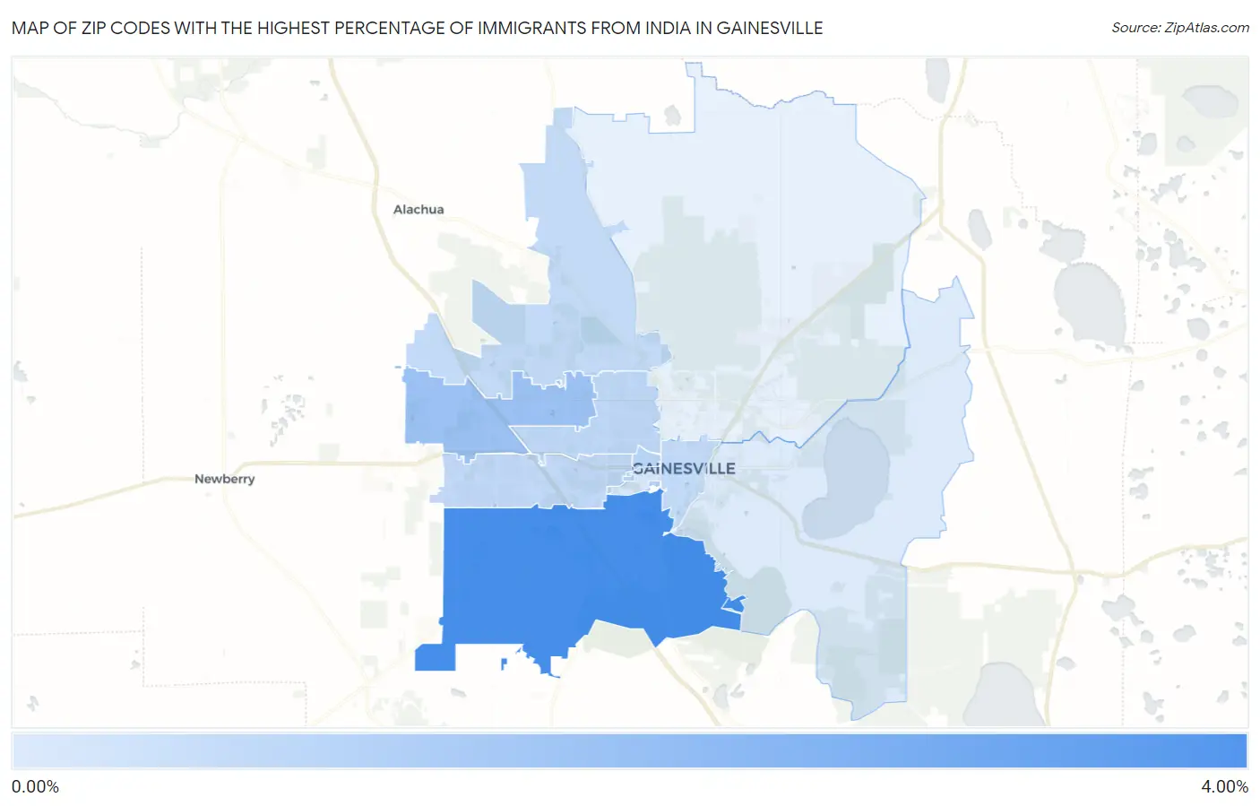 Zip Codes with the Highest Percentage of Immigrants from India in Gainesville Map