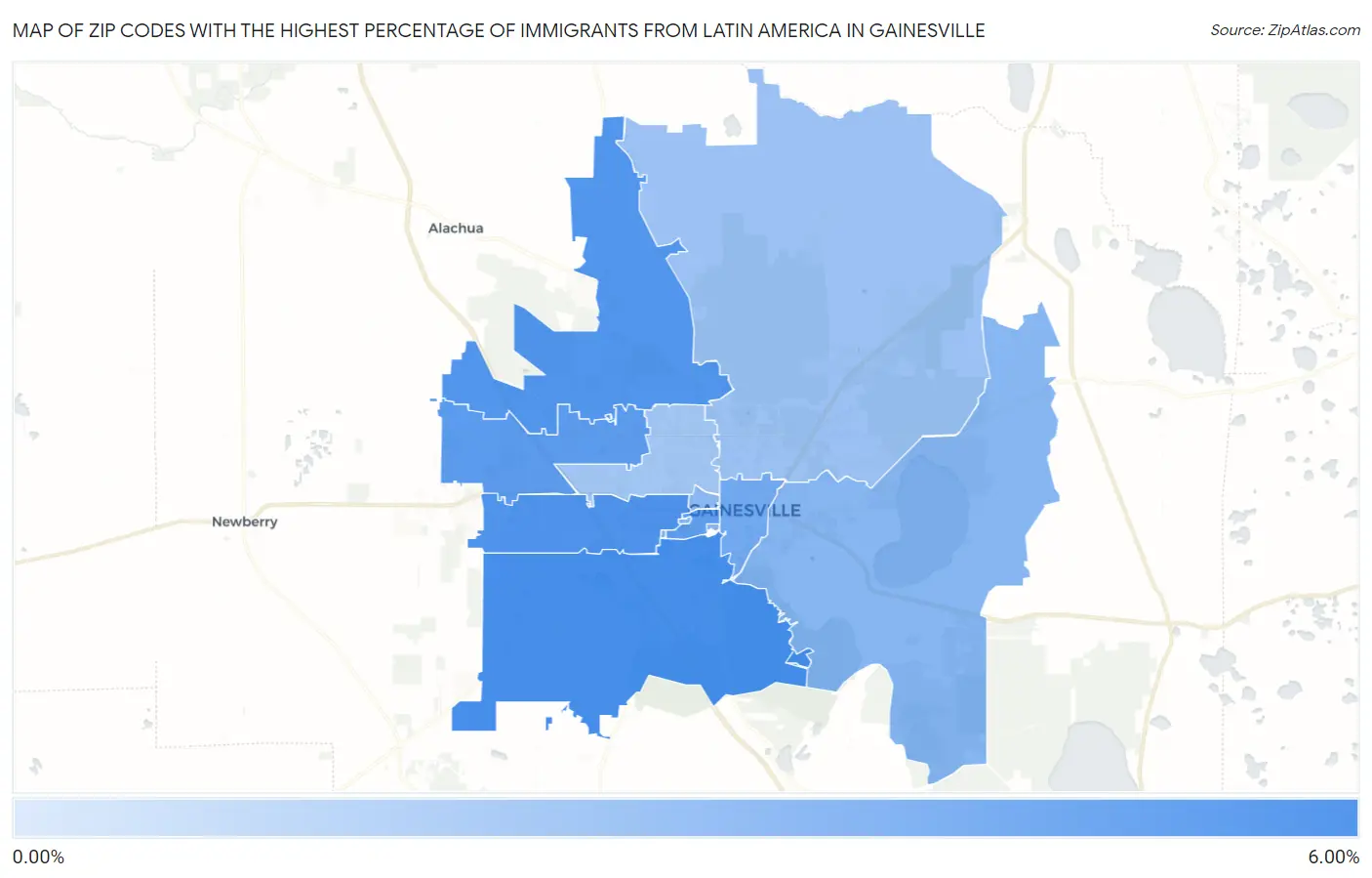 Zip Codes with the Highest Percentage of Immigrants from Latin America in Gainesville Map