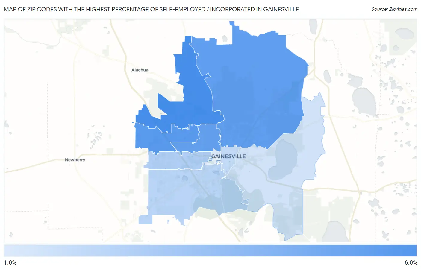 Zip Codes with the Highest Percentage of Self-Employed / Incorporated in Gainesville Map