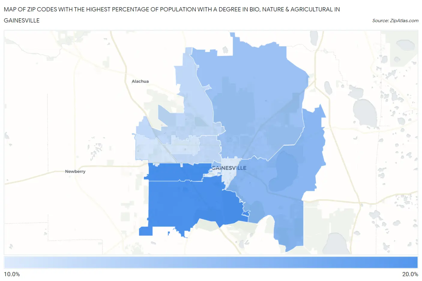 Zip Codes with the Highest Percentage of Population with a Degree in Bio, Nature & Agricultural in Gainesville Map