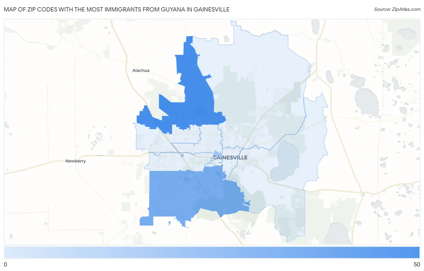 Zip Codes with the Most Immigrants from Guyana in Gainesville Map