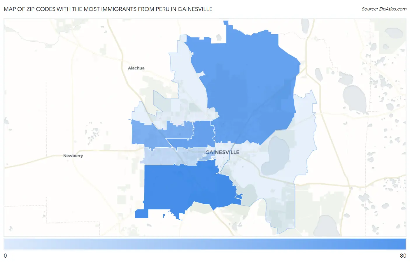 Zip Codes with the Most Immigrants from Peru in Gainesville Map