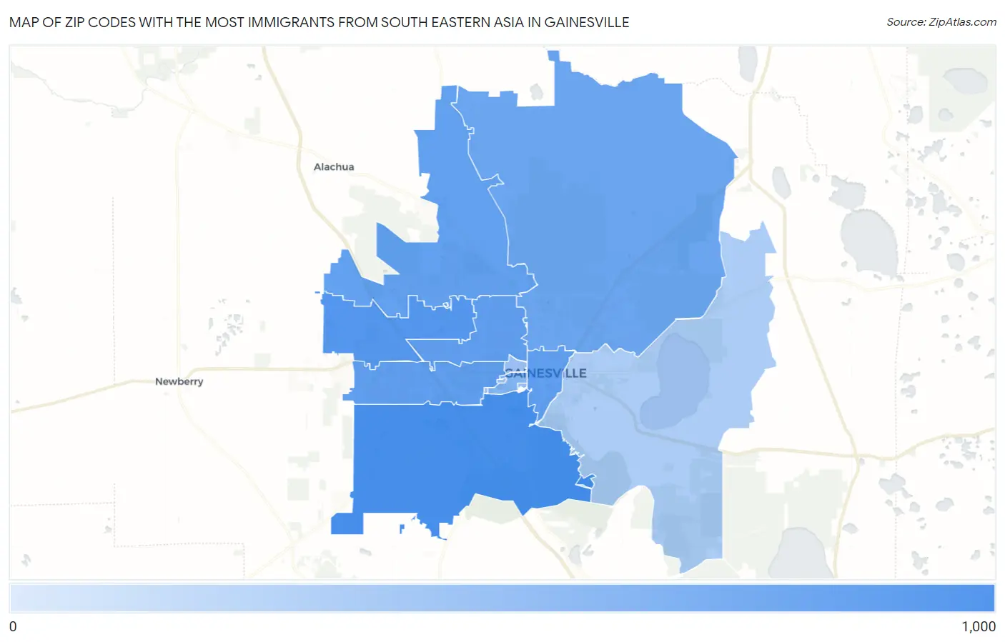 Zip Codes with the Most Immigrants from South Eastern Asia in Gainesville Map