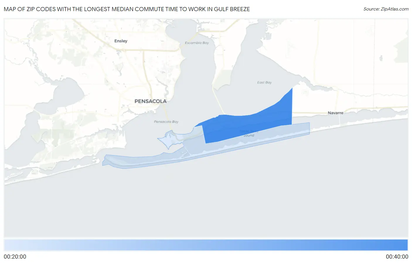 Zip Codes with the Longest Median Commute Time to Work in Gulf Breeze Map