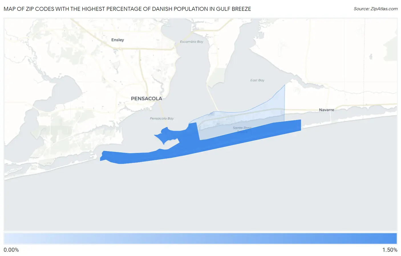 Zip Codes with the Highest Percentage of Danish Population in Gulf Breeze Map