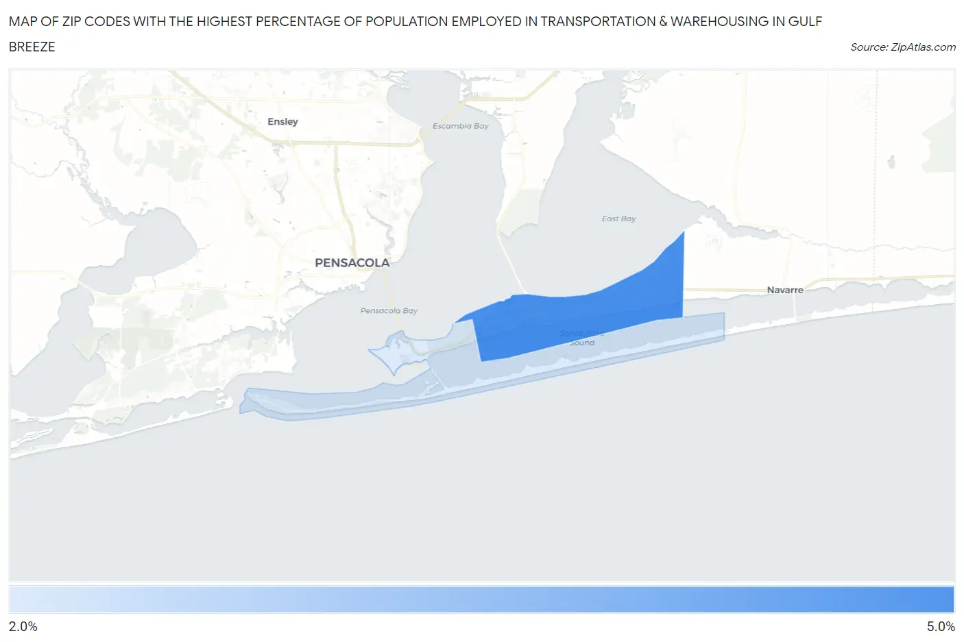 Zip Codes with the Highest Percentage of Population Employed in Transportation & Warehousing in Gulf Breeze Map