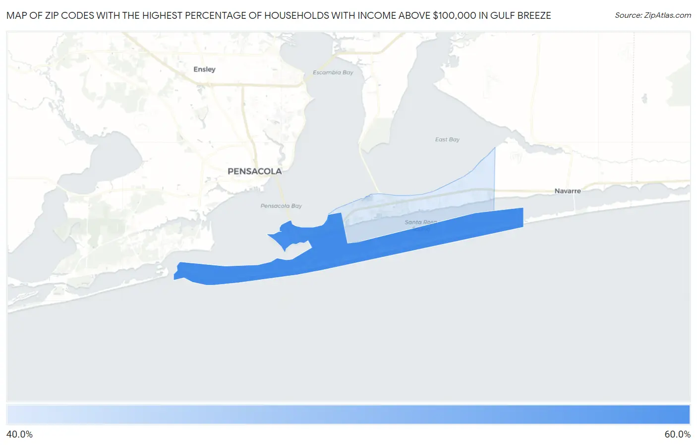 Zip Codes with the Highest Percentage of Households with Income Above $100,000 in Gulf Breeze Map