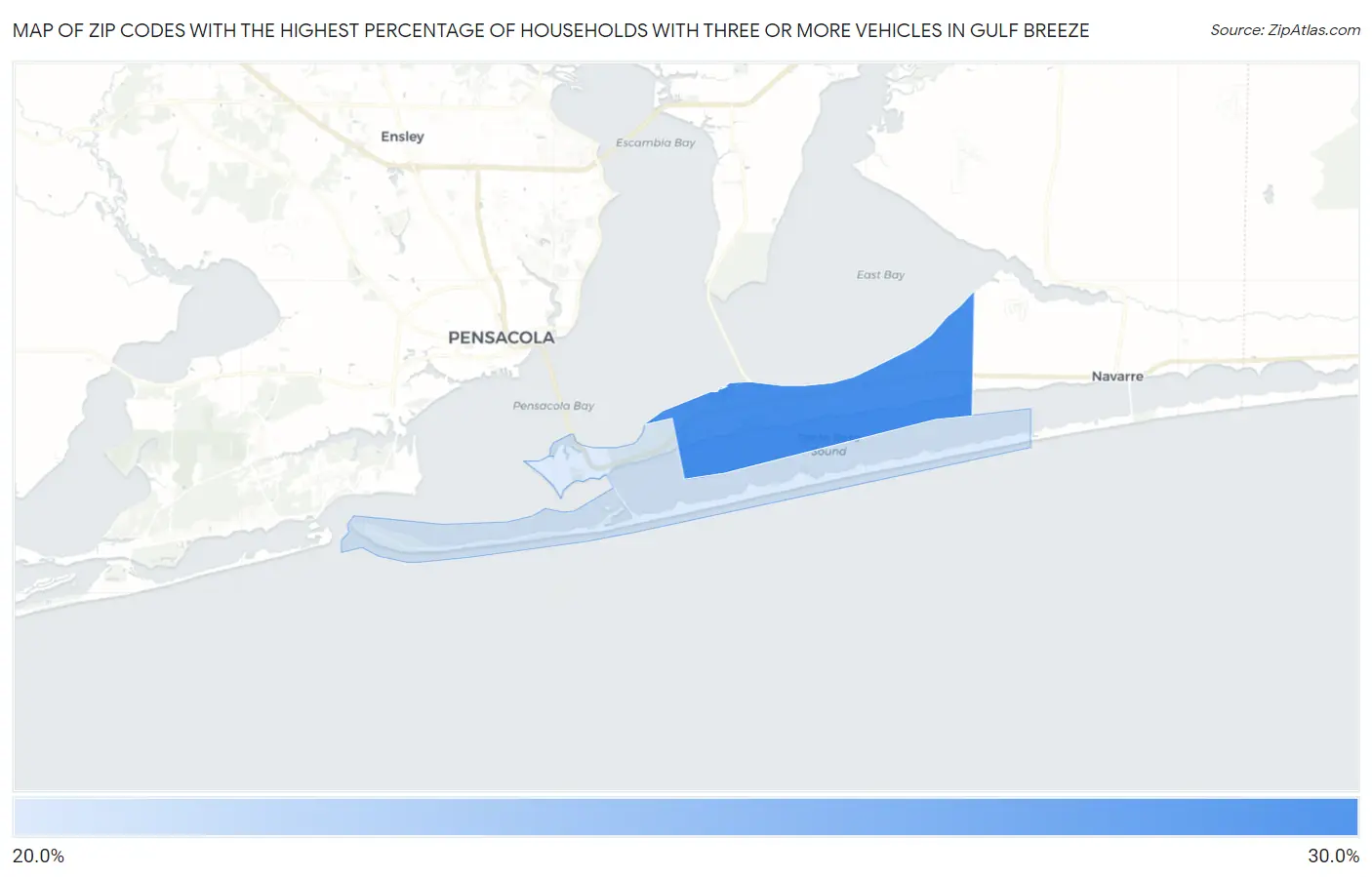 Zip Codes with the Highest Percentage of Households With Three or more Vehicles in Gulf Breeze Map
