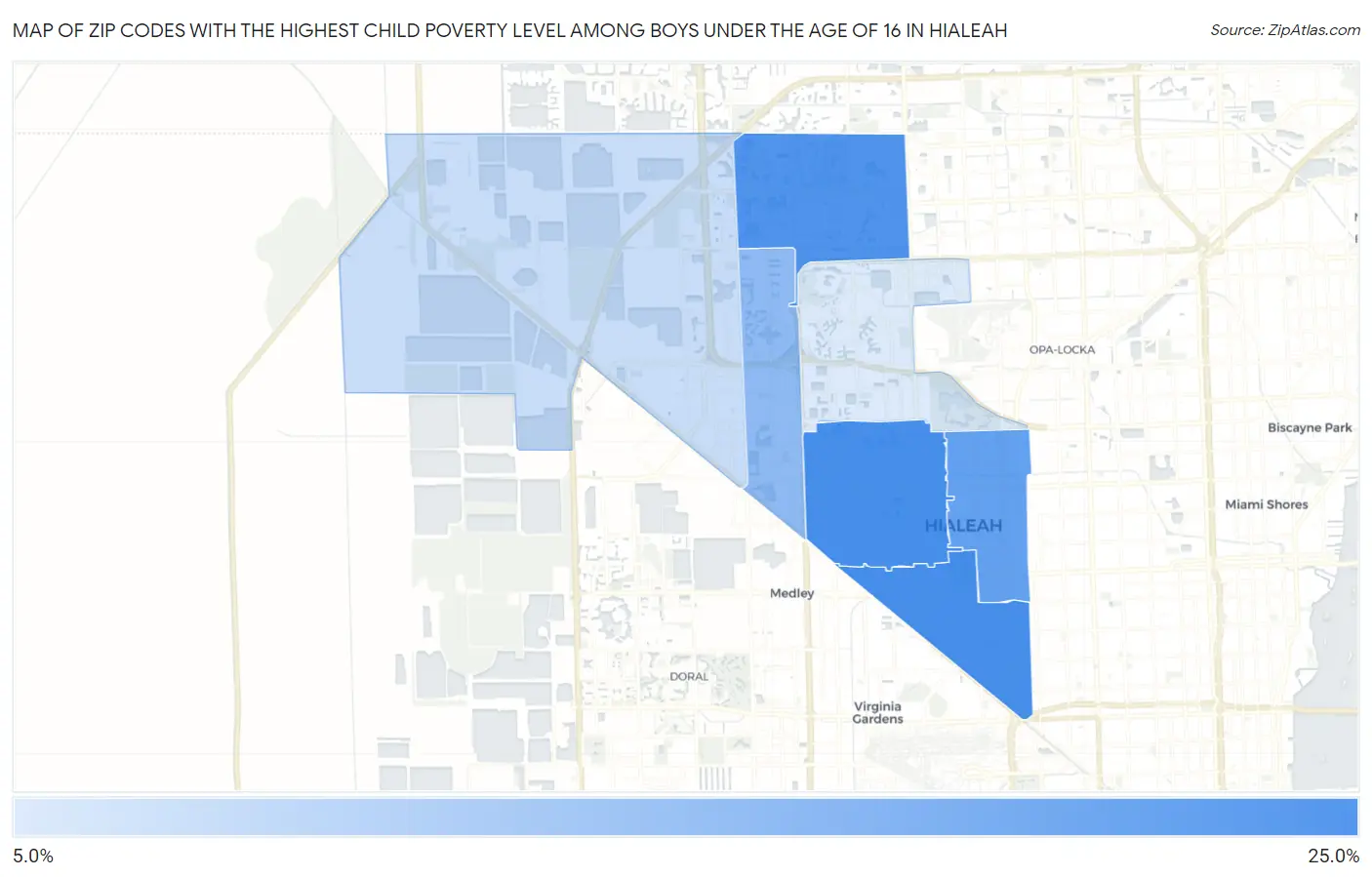 Zip Codes with the Highest Child Poverty Level Among Boys Under the Age of 16 in Hialeah Map