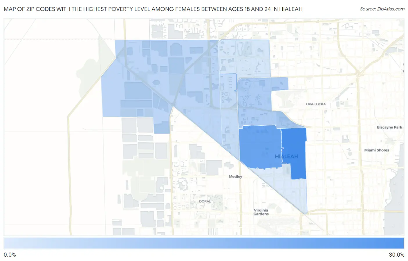 Zip Codes with the Highest Poverty Level Among Females Between Ages 18 and 24 in Hialeah Map