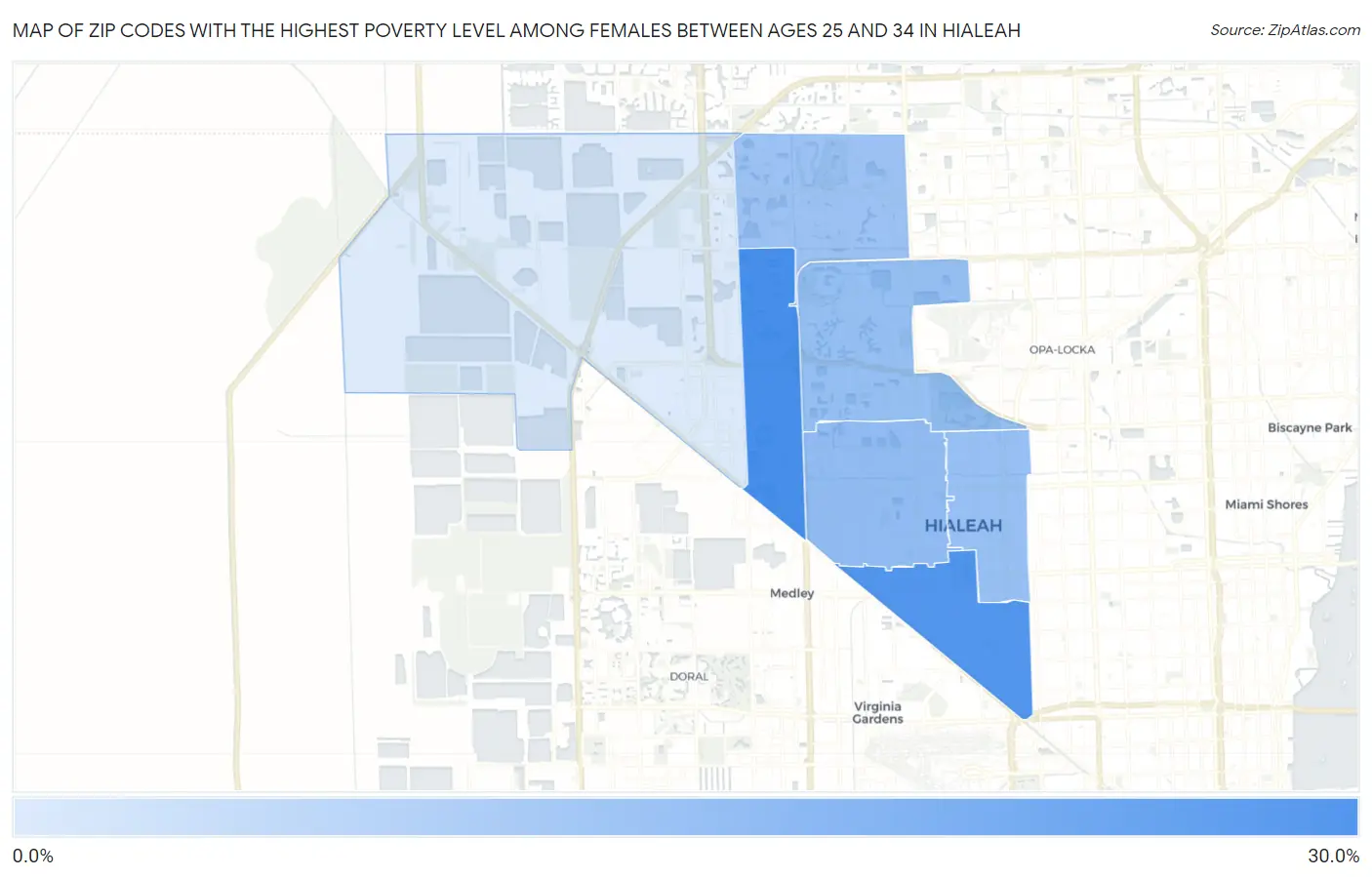 Zip Codes with the Highest Poverty Level Among Females Between Ages 25 and 34 in Hialeah Map