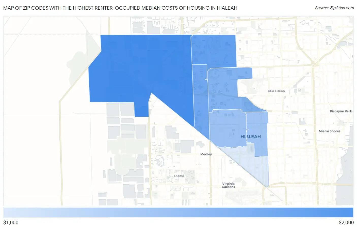 Zip Codes with the Highest Renter-Occupied Median Costs of Housing in Hialeah Map