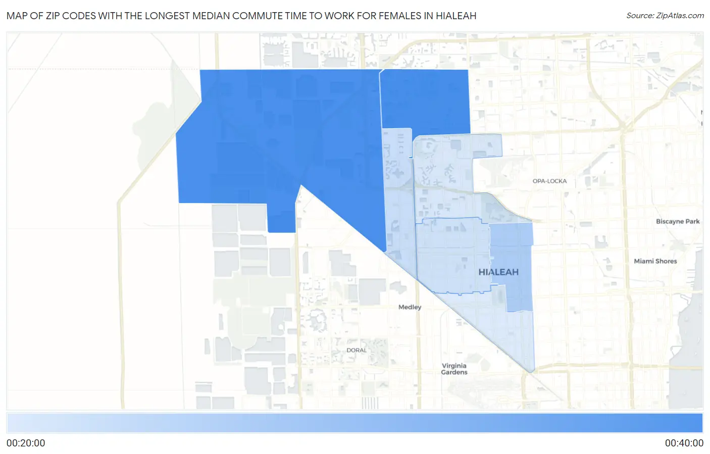 Zip Codes with the Longest Median Commute Time to Work for Females in Hialeah Map