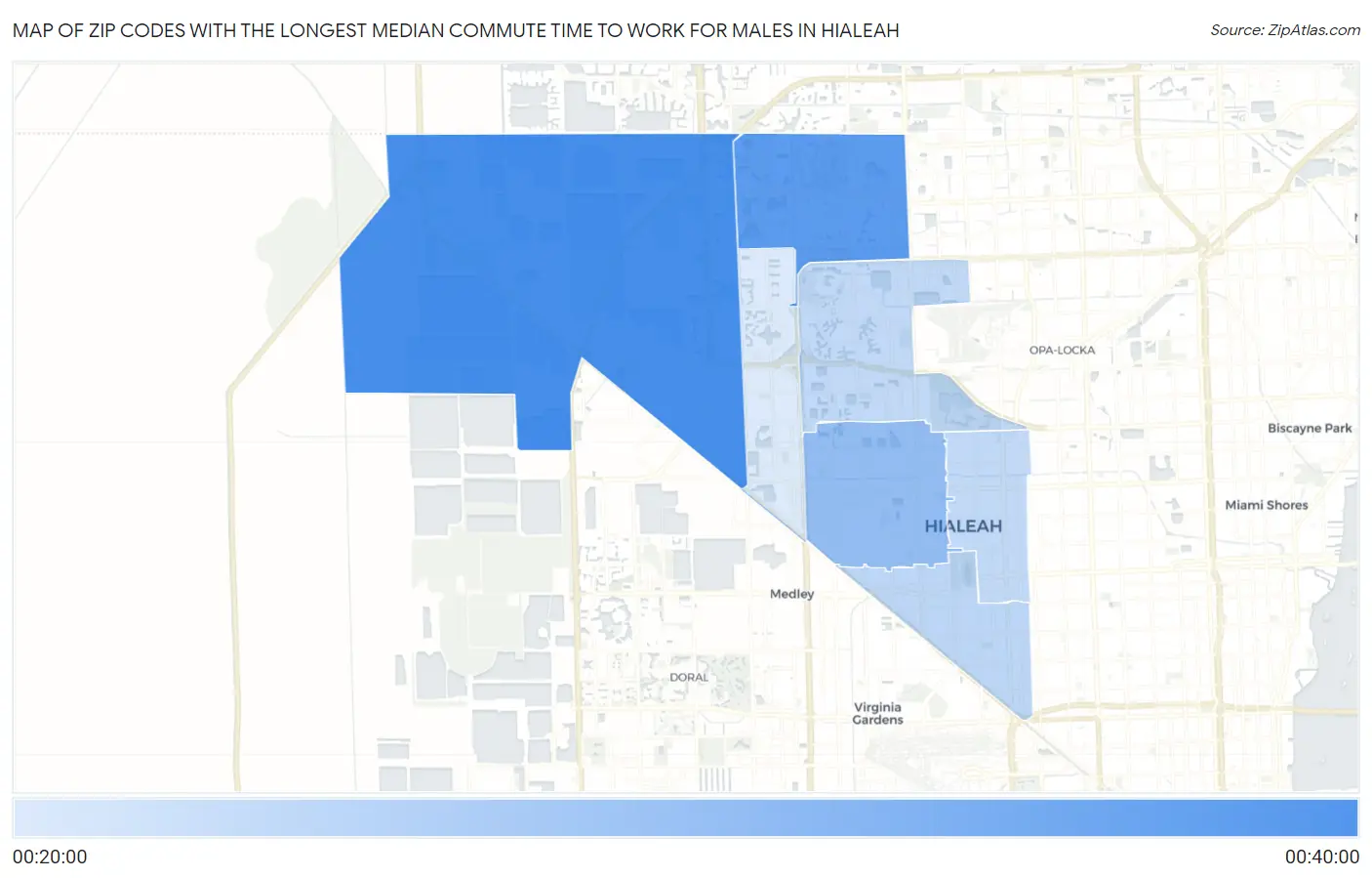 Zip Codes with the Longest Median Commute Time to Work for Males in Hialeah Map