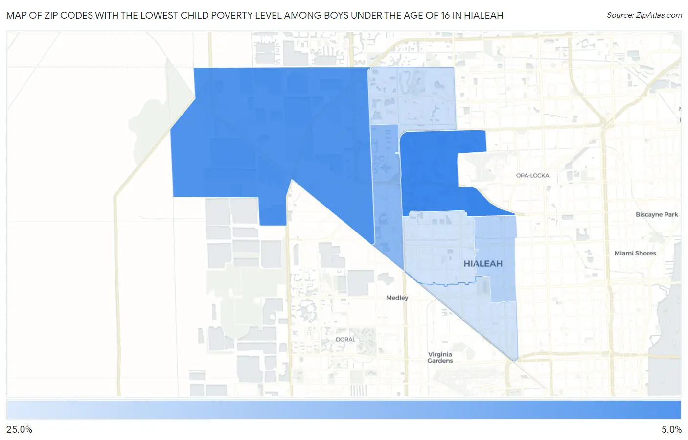Zip Codes with the Lowest Child Poverty Level Among Boys Under the Age of 16 in Hialeah Map
