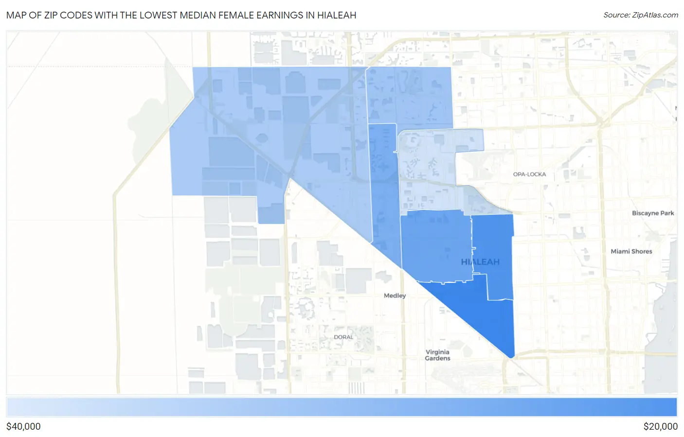 Zip Codes with the Lowest Median Female Earnings in Hialeah Map