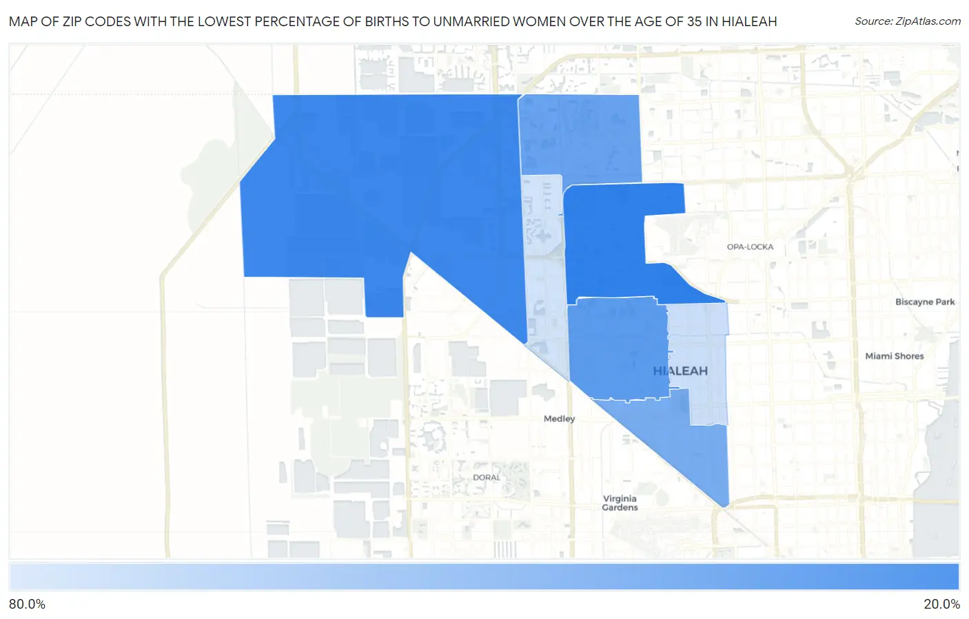 Zip Codes with the Lowest Percentage of Births to Unmarried Women over the Age of 35 in Hialeah Map