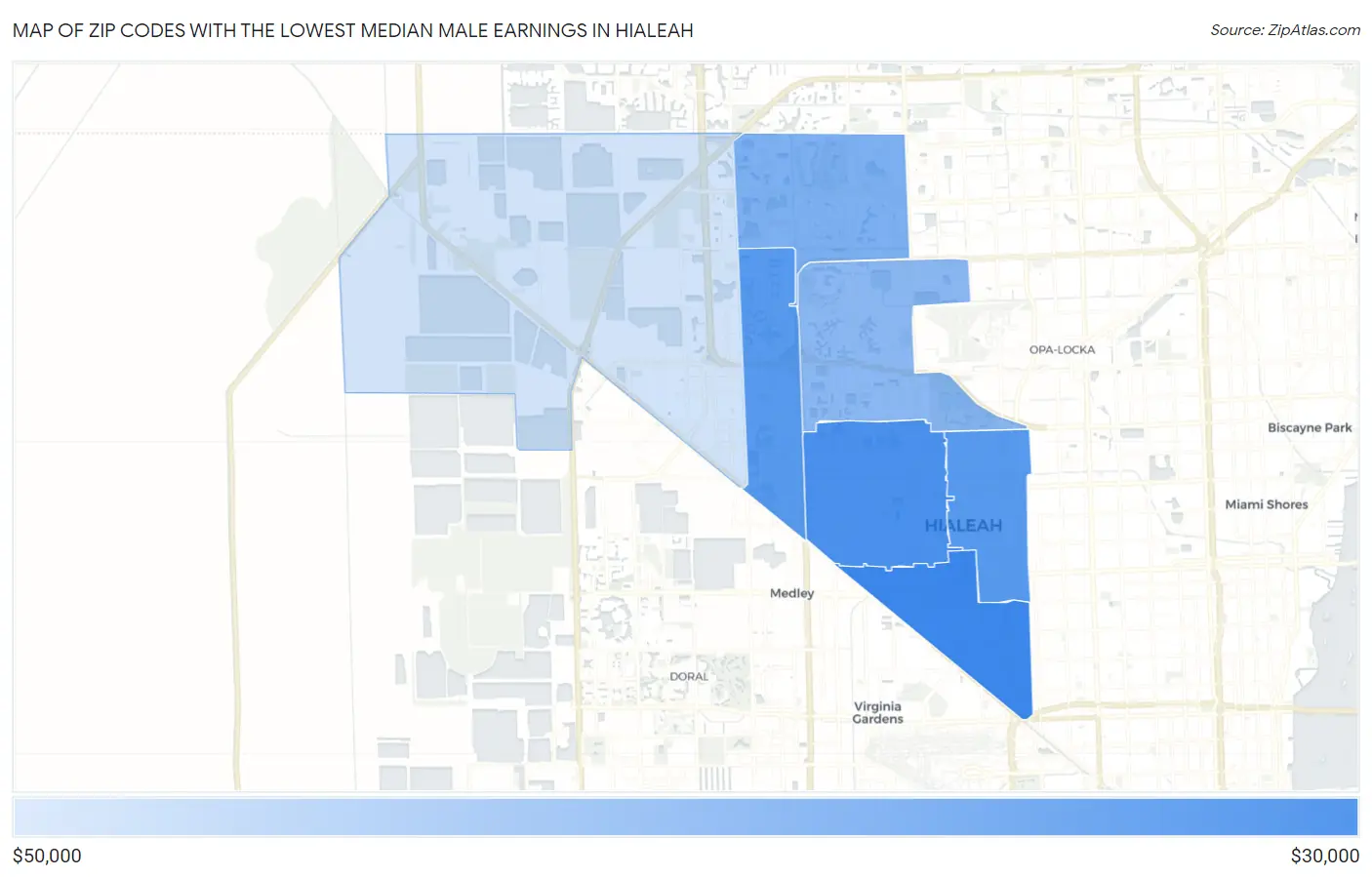 Zip Codes with the Lowest Median Male Earnings in Hialeah Map
