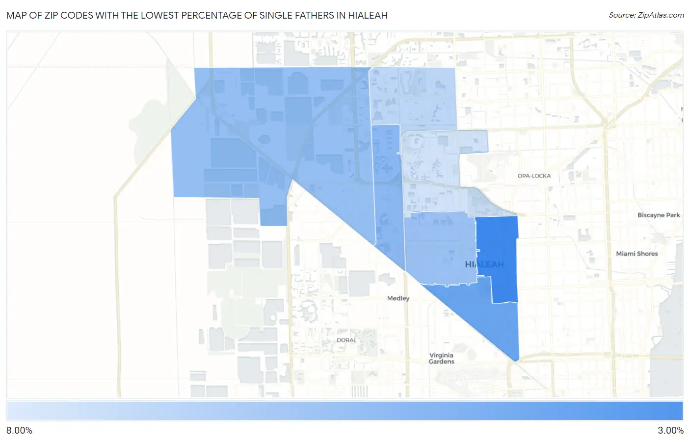 Zip Codes with the Lowest Percentage of Single Fathers in Hialeah Map