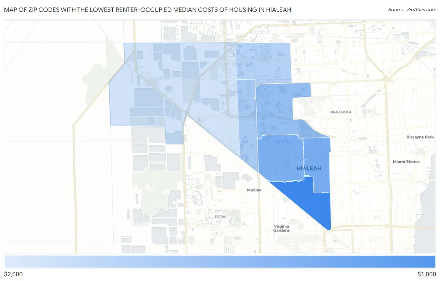Zip Codes with the Lowest Renter-Occupied Median Costs of Housing in Hialeah Map