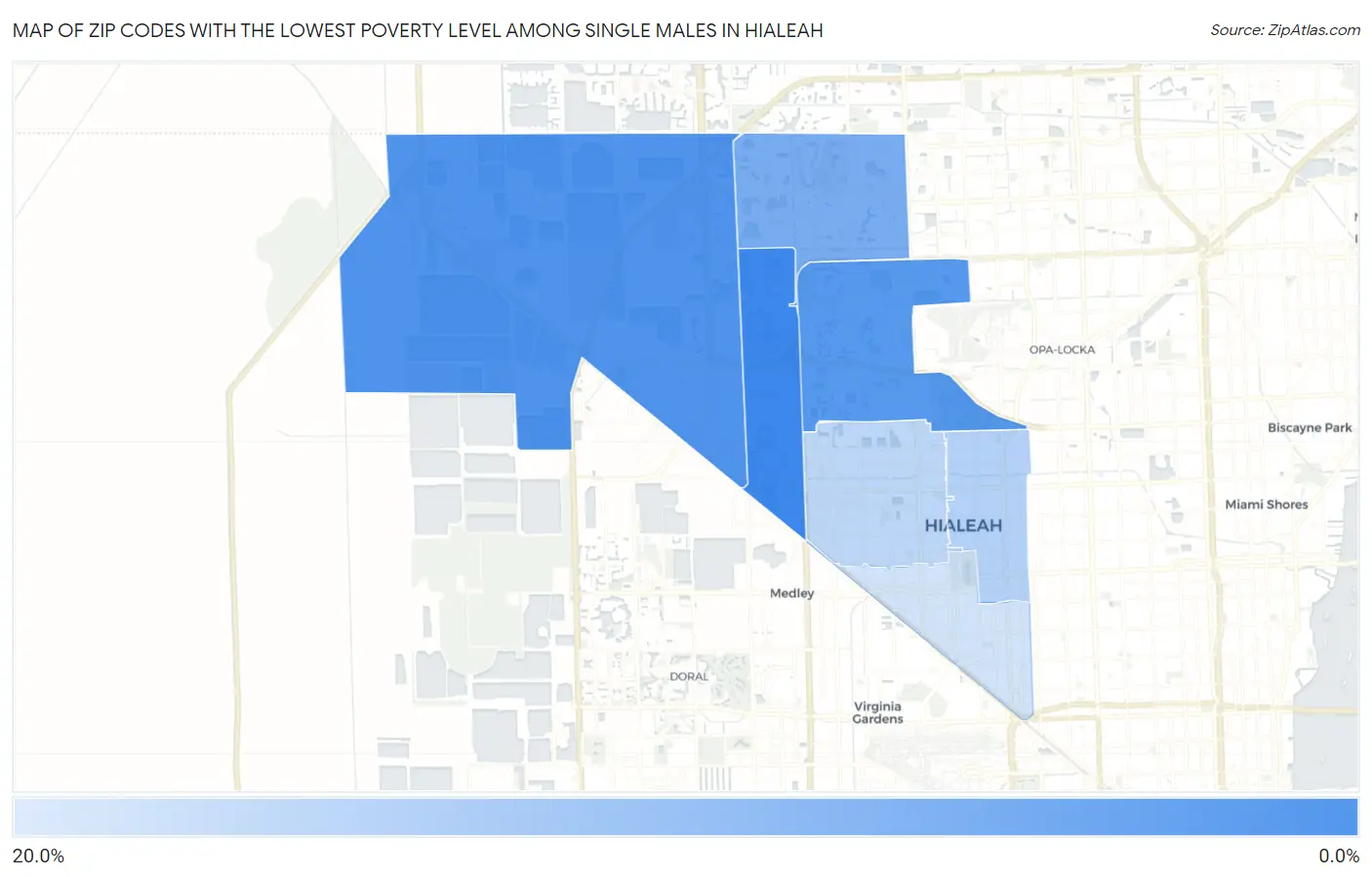 Zip Codes with the Lowest Poverty Level Among Single Males in Hialeah Map