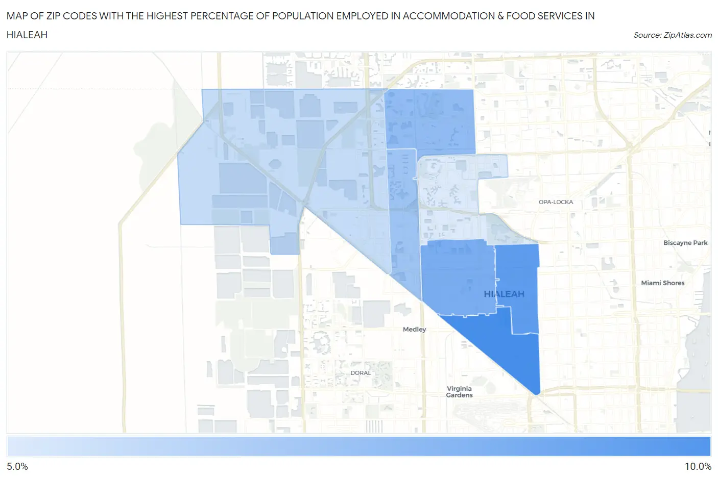 Zip Codes with the Highest Percentage of Population Employed in Accommodation & Food Services in Hialeah Map