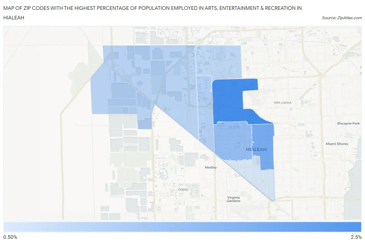 Zip Codes with the Highest Percentage of Population Employed in Arts, Entertainment & Recreation in Hialeah Map