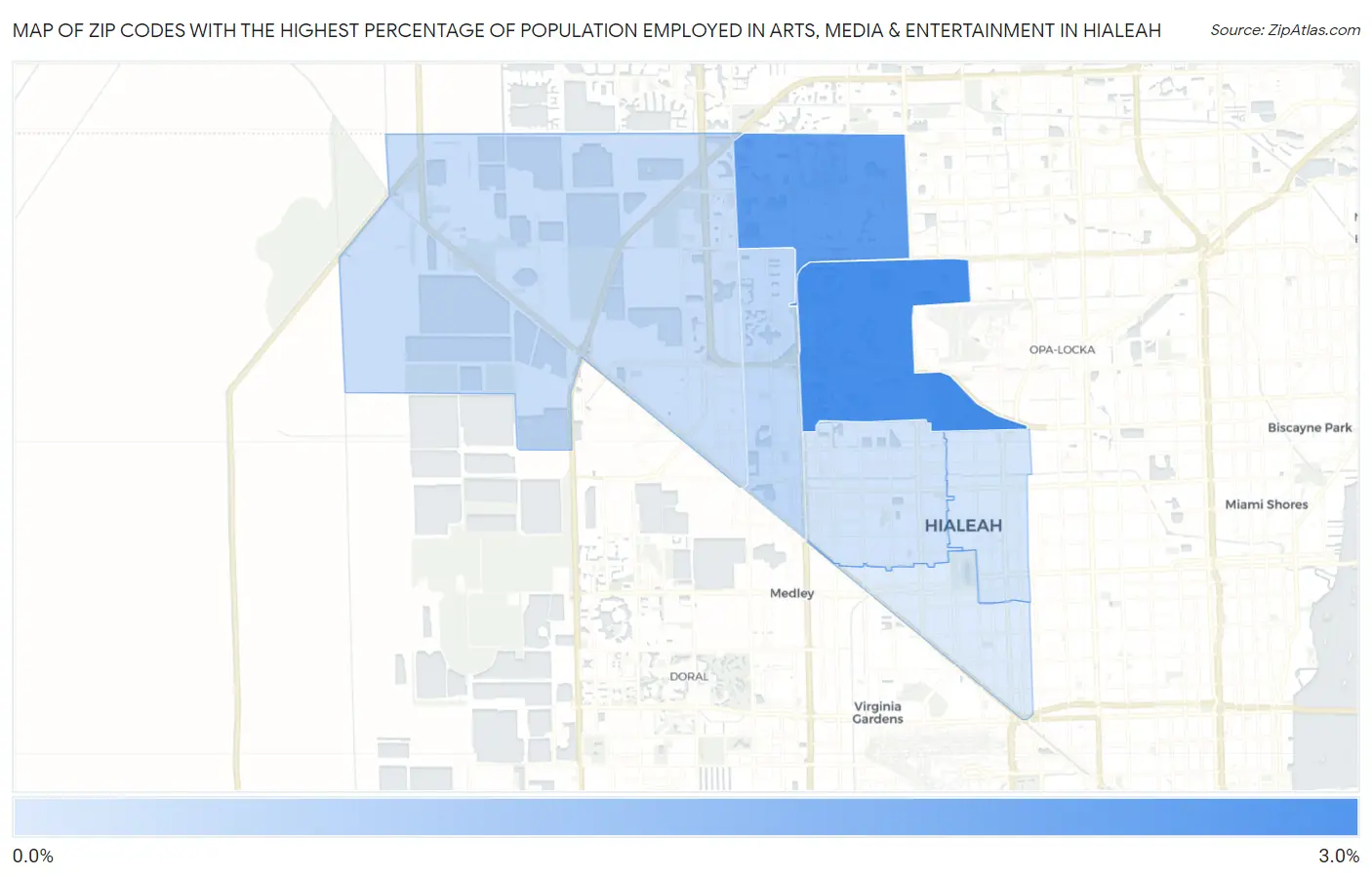 Zip Codes with the Highest Percentage of Population Employed in Arts, Media & Entertainment in Hialeah Map