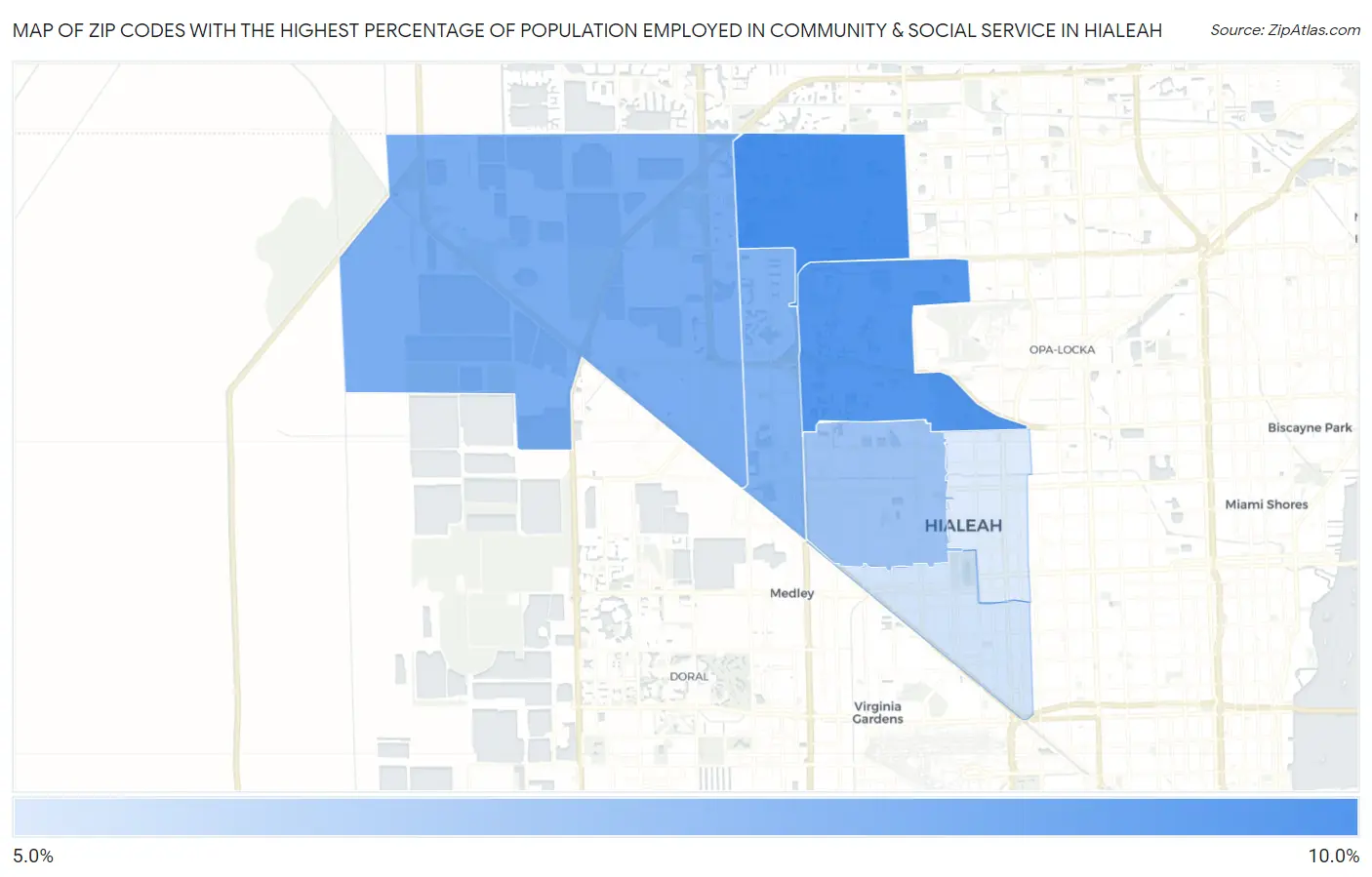 Zip Codes with the Highest Percentage of Population Employed in Community & Social Service  in Hialeah Map