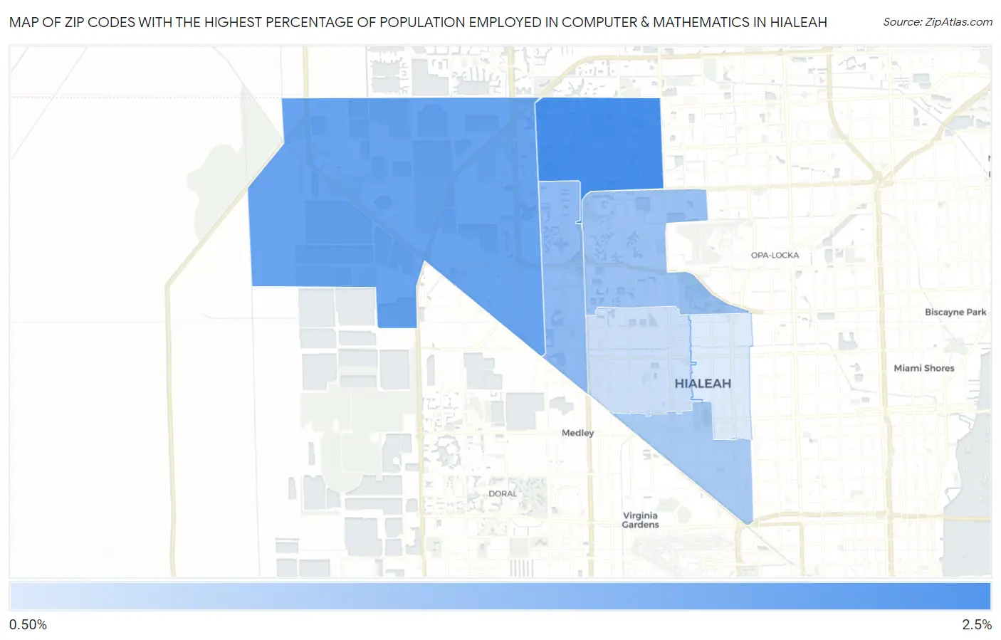 Zip Codes with the Highest Percentage of Population Employed in Computer & Mathematics in Hialeah Map