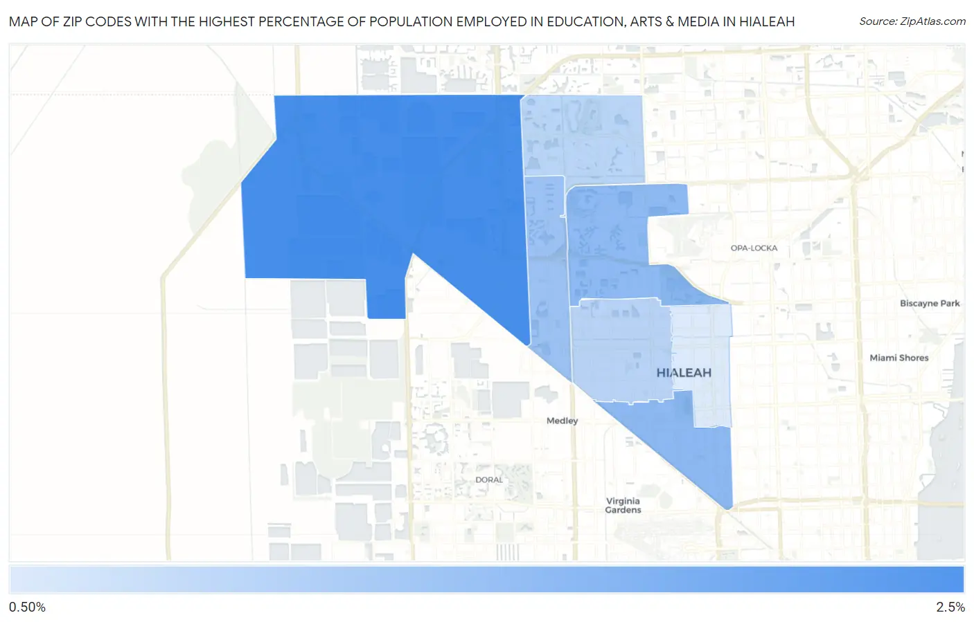 Zip Codes with the Highest Percentage of Population Employed in Education, Arts & Media in Hialeah Map