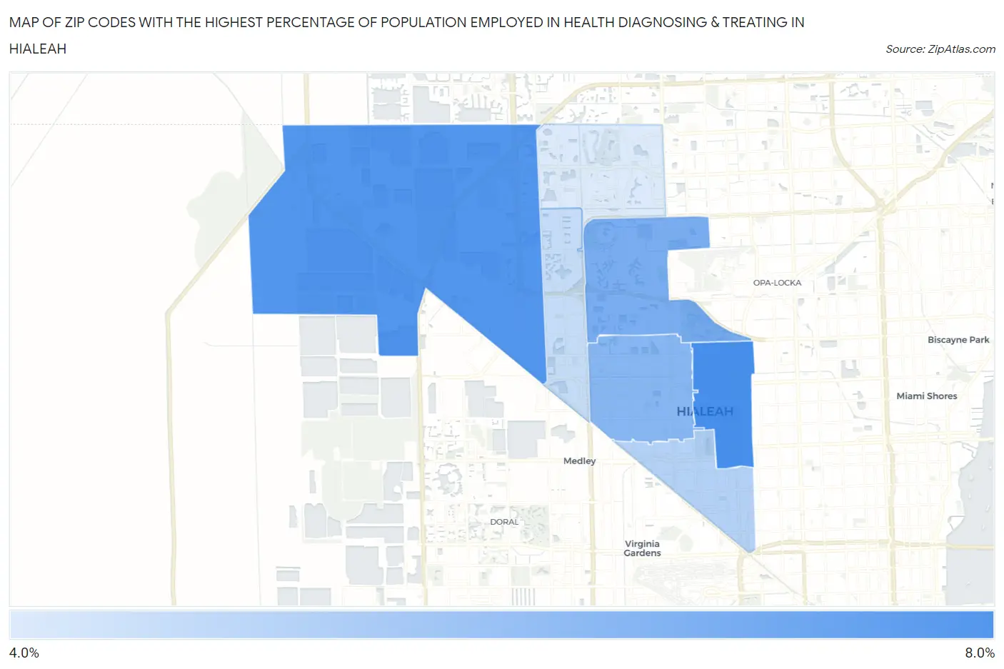 Zip Codes with the Highest Percentage of Population Employed in Health Diagnosing & Treating in Hialeah Map