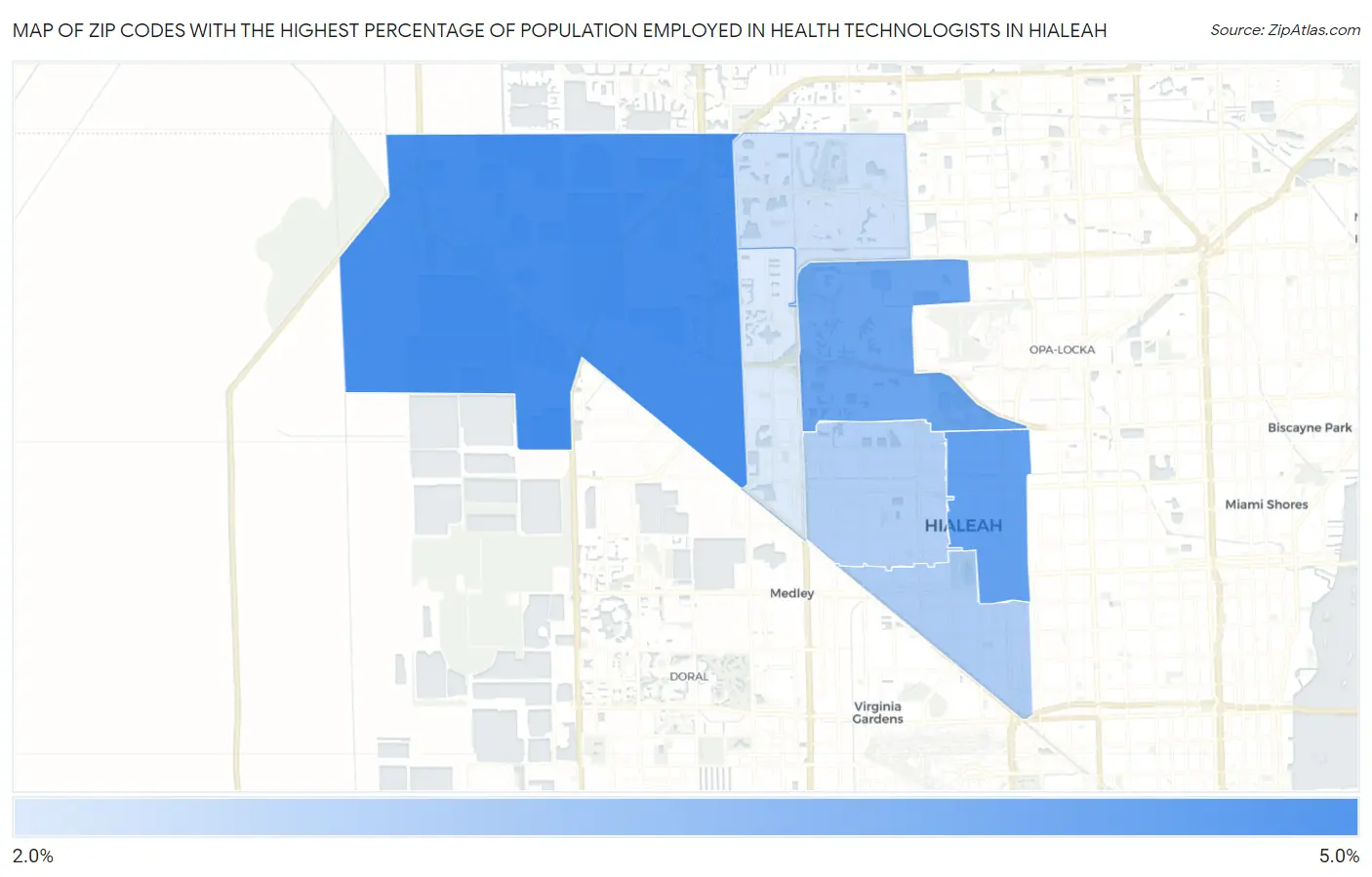 Zip Codes with the Highest Percentage of Population Employed in Health Technologists in Hialeah Map