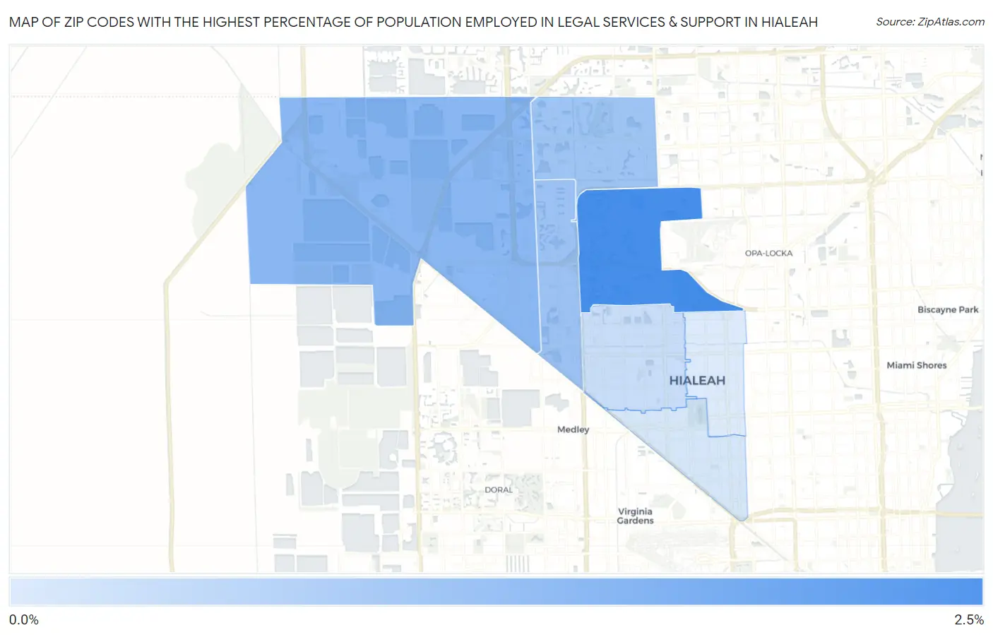 Zip Codes with the Highest Percentage of Population Employed in Legal Services & Support in Hialeah Map