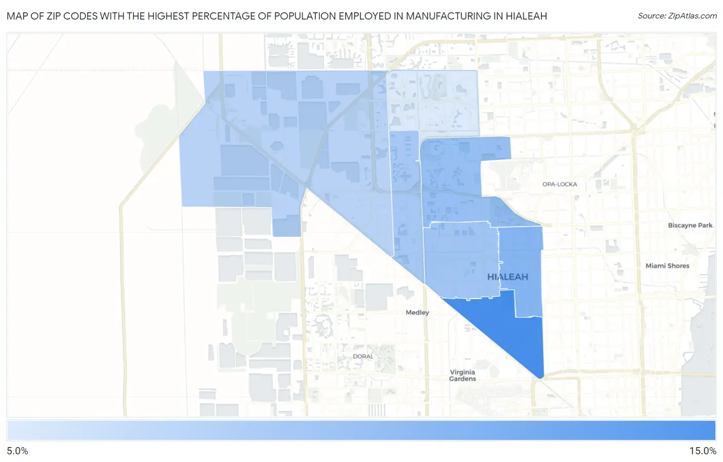 Zip Codes with the Highest Percentage of Population Employed in Manufacturing in Hialeah Map