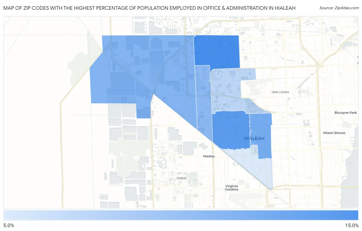 Zip Codes with the Highest Percentage of Population Employed in Office & Administration in Hialeah Map