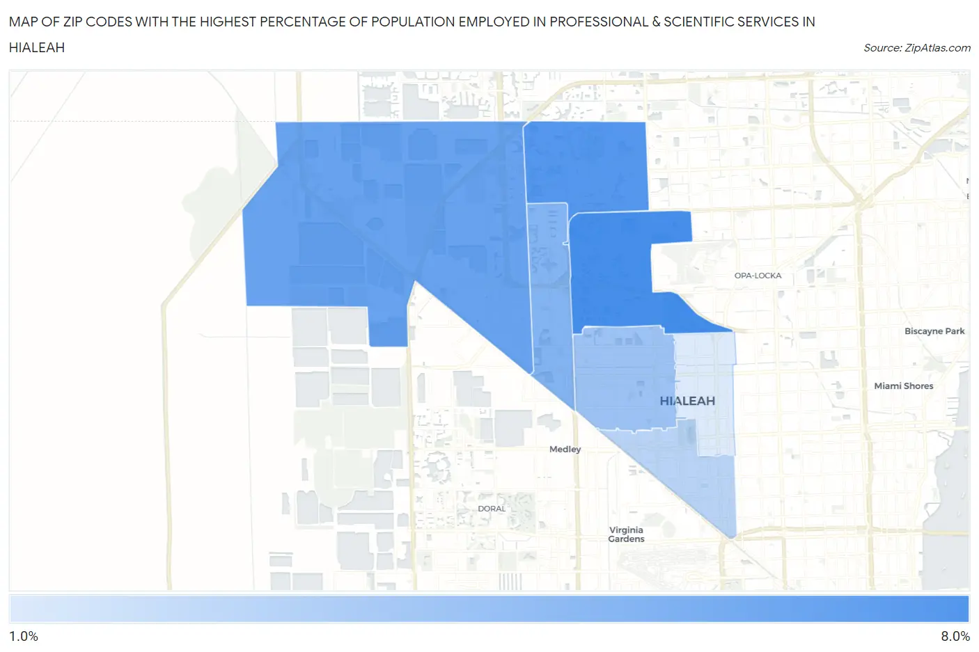 Zip Codes with the Highest Percentage of Population Employed in Professional & Scientific Services in Hialeah Map
