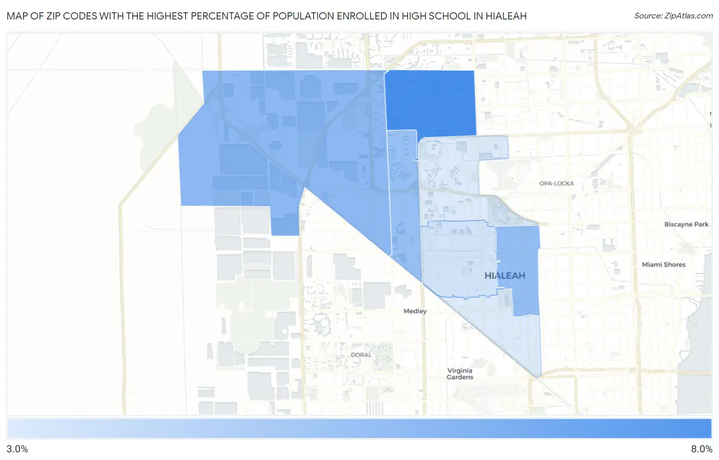 Zip Codes with the Highest Percentage of Population Enrolled in High School in Hialeah Map