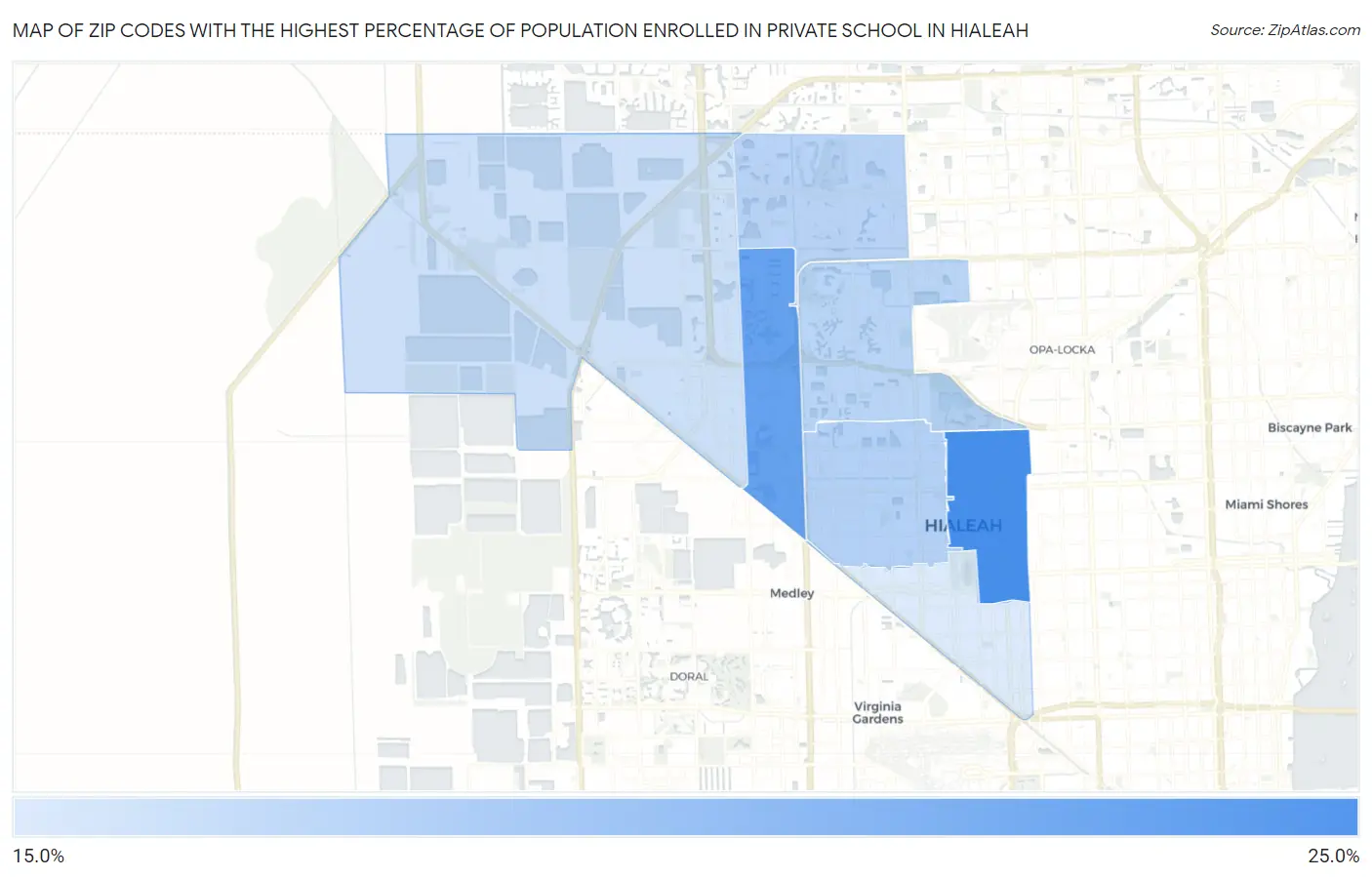 Zip Codes with the Highest Percentage of Population Enrolled in Private School in Hialeah Map