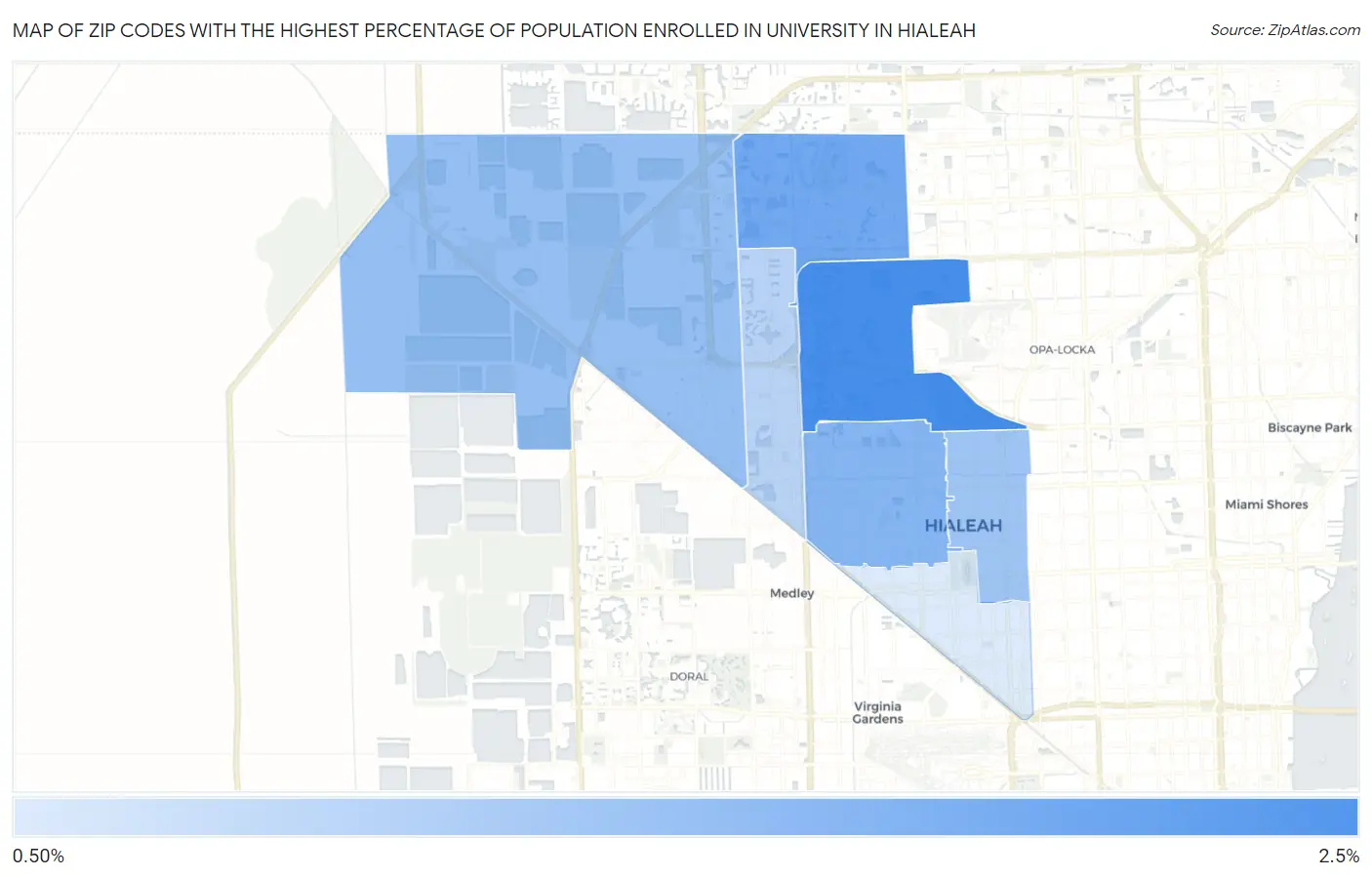 Zip Codes with the Highest Percentage of Population Enrolled in University in Hialeah Map