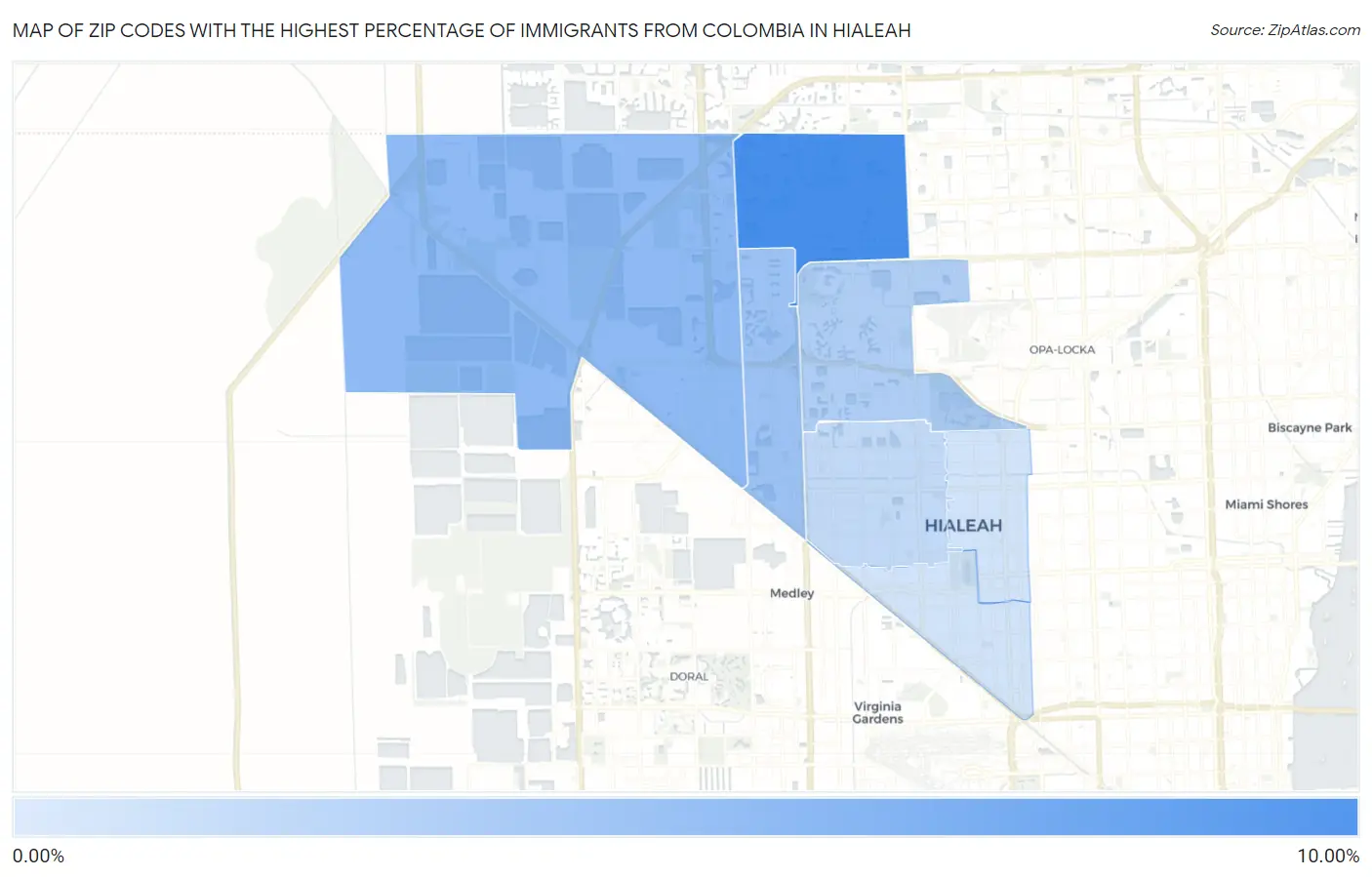 Zip Codes with the Highest Percentage of Immigrants from Colombia in Hialeah Map