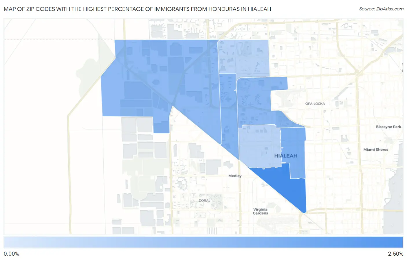 Zip Codes with the Highest Percentage of Immigrants from Honduras in Hialeah Map