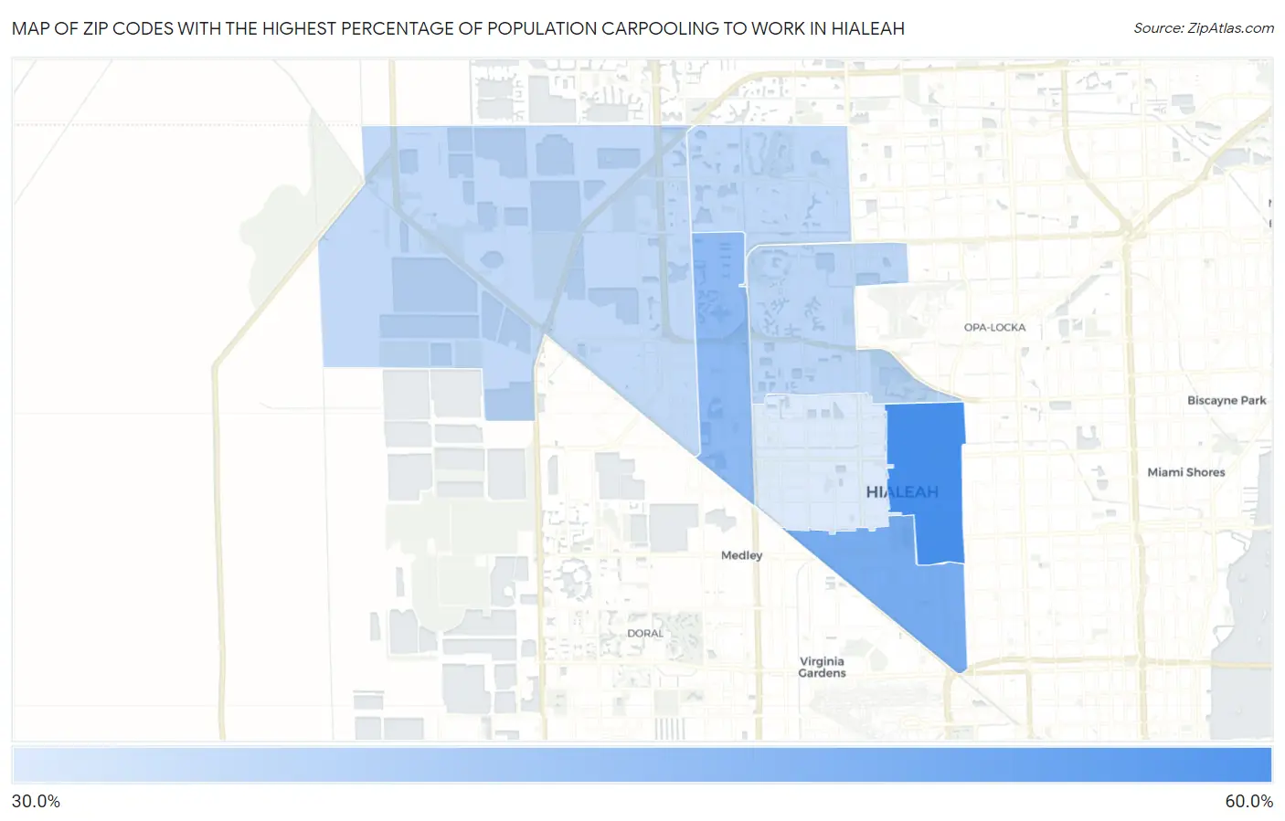 Zip Codes with the Highest Percentage of Population Carpooling to Work in Hialeah Map
