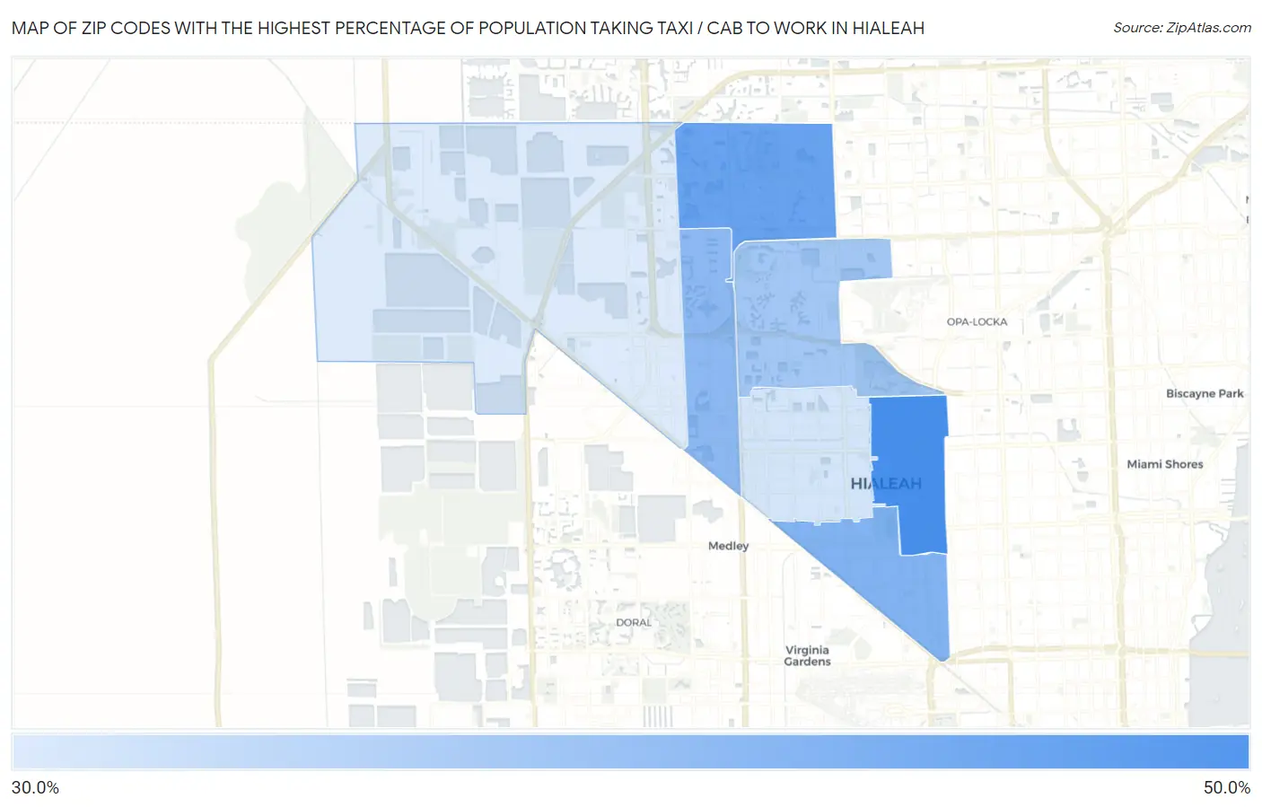 Zip Codes with the Highest Percentage of Population Taking Taxi / Cab to Work in Hialeah Map