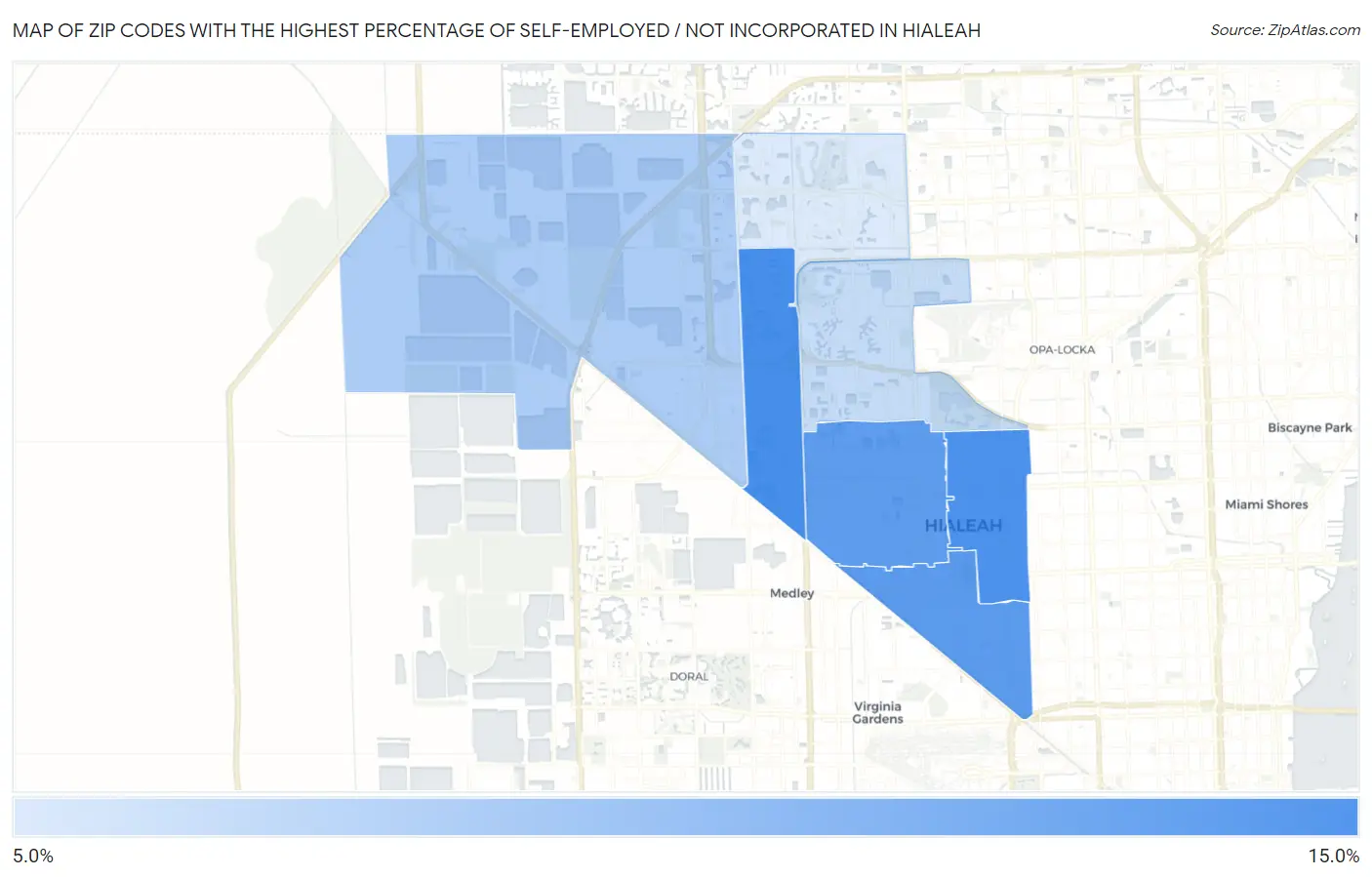 Zip Codes with the Highest Percentage of Self-Employed / Not Incorporated in Hialeah Map